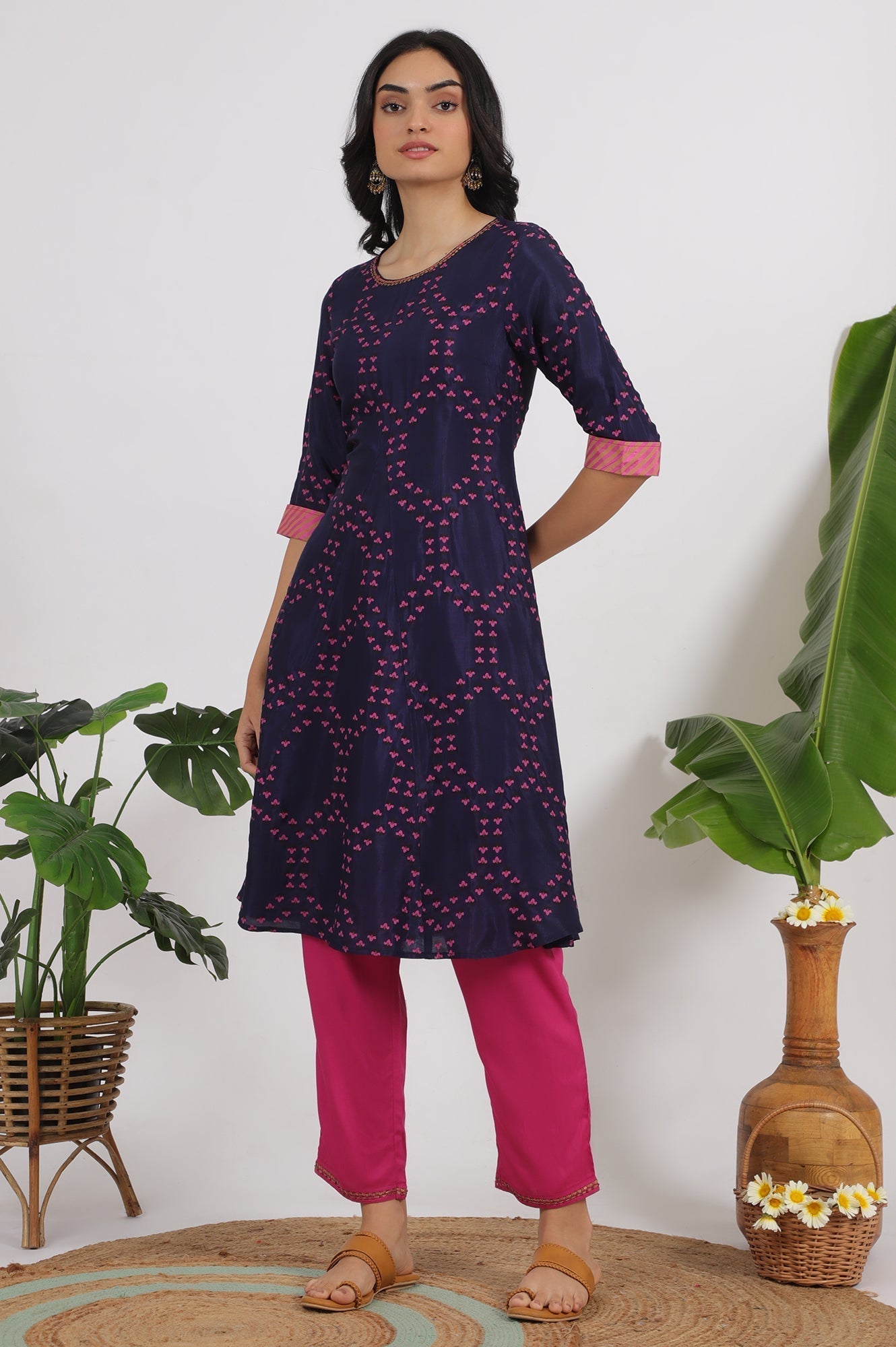 W for Woman Blue Floral Printed Straight Shantung Kurta