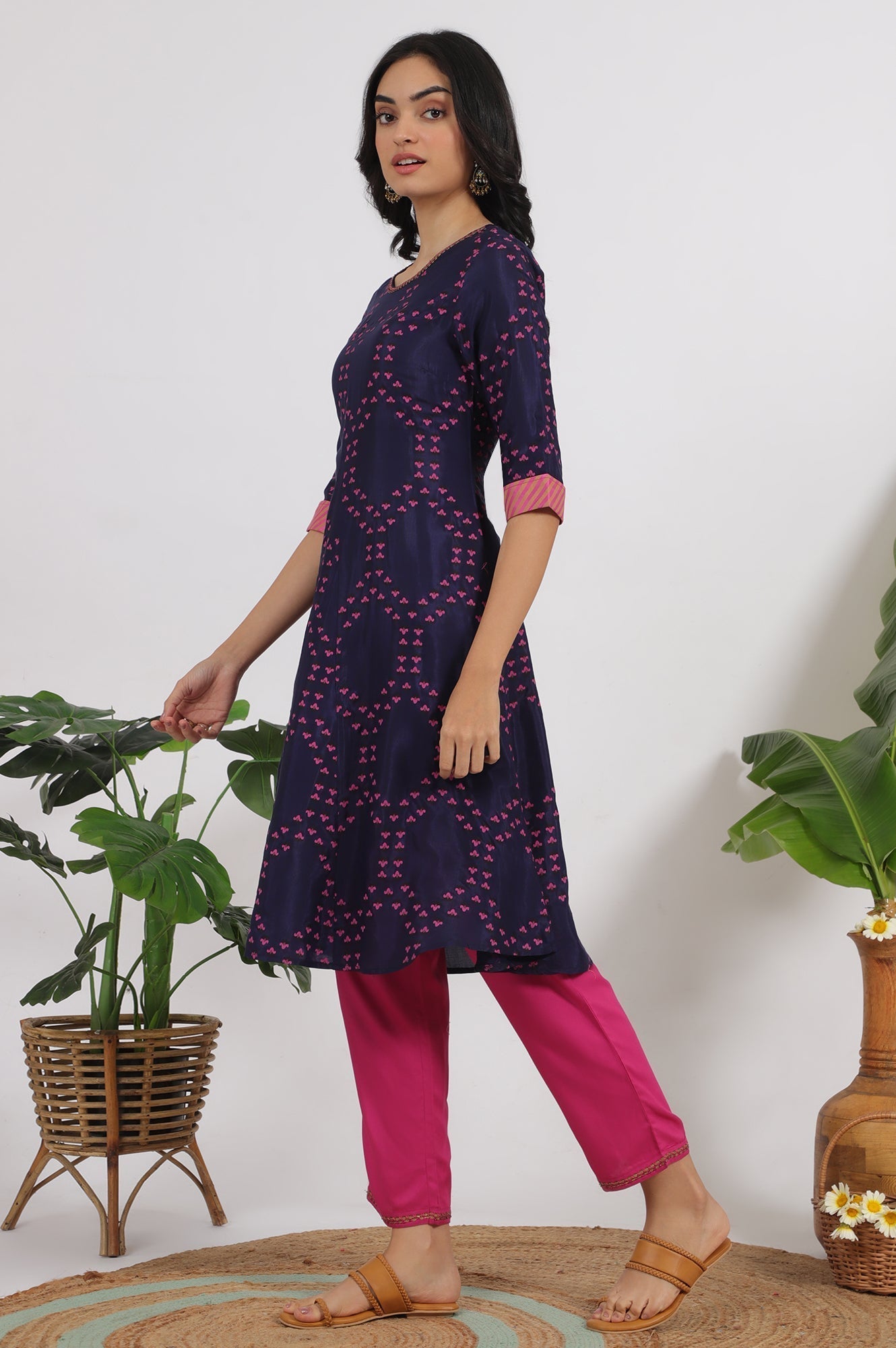 W for Woman Blue Floral Printed Straight Shantung Kurta