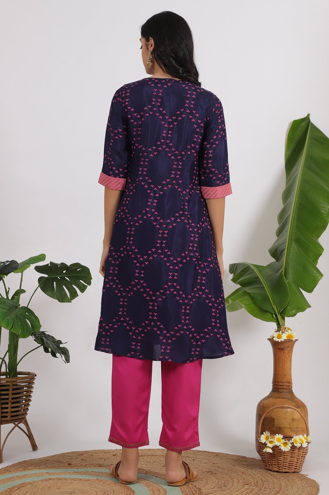 W for Woman Blue Floral Printed Straight Shantung Kurta