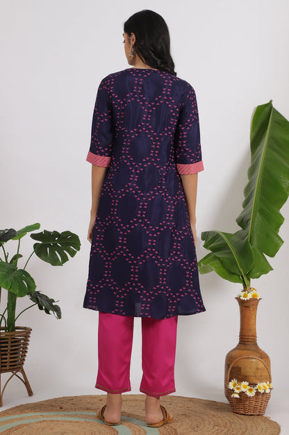 W for Woman Blue Floral Printed Straight Shantung Kurta