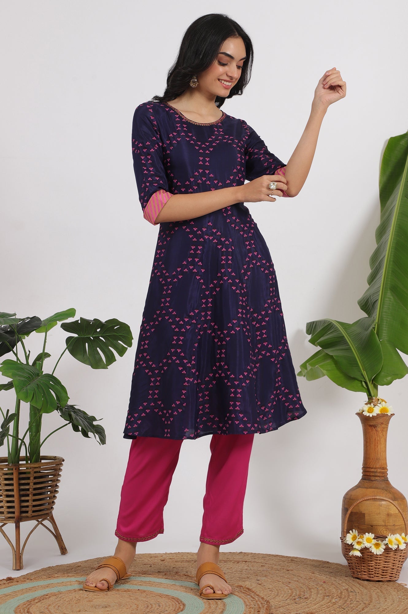 W for Woman Blue Floral Printed Straight Shantung Kurta