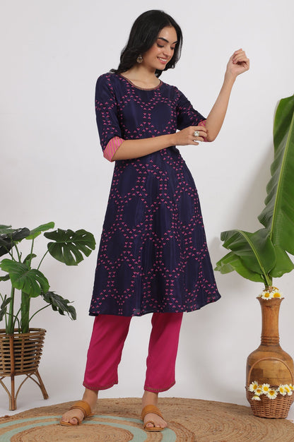W for Woman Blue Floral Printed Straight Shantung Kurta