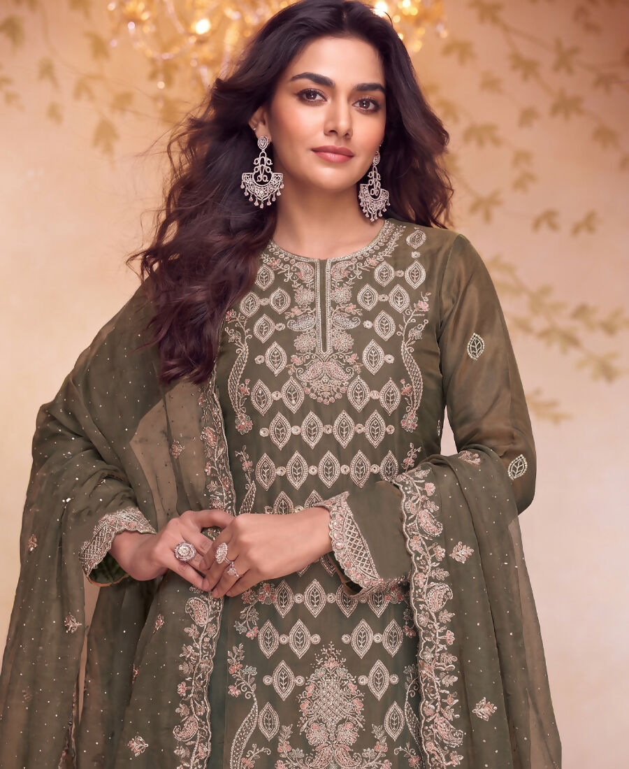 KC Heavy Embroidery Worked Two Ton Moss Silk Grey Suit For Women
