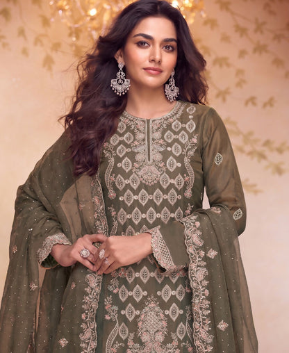 KC Heavy Embroidery Worked Two Ton Moss Silk Grey Suit For Women