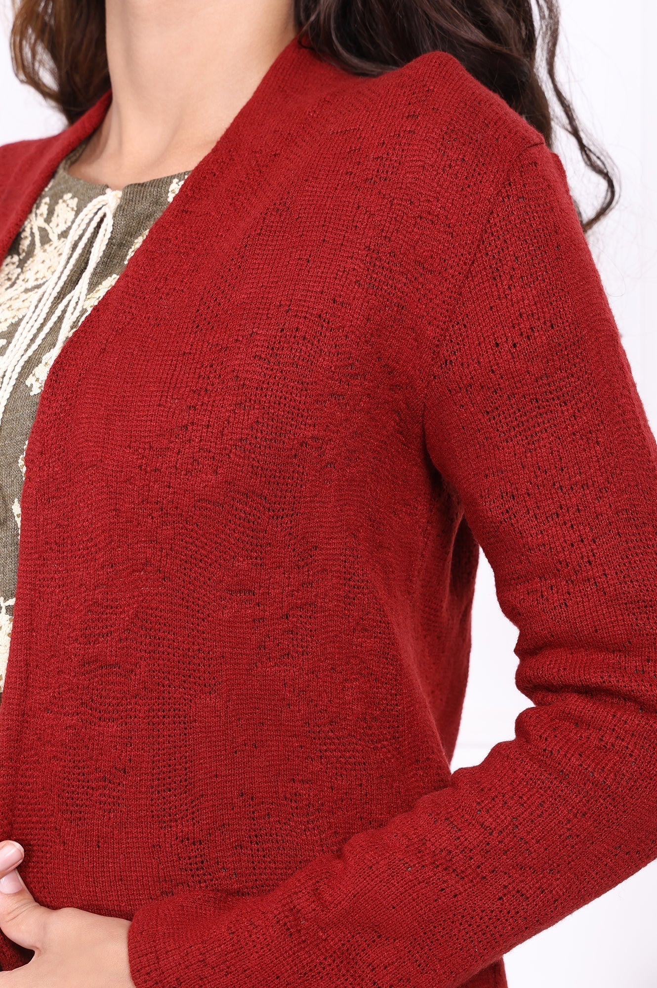 W for Woman Red Solid Straight Knitting Cardigan