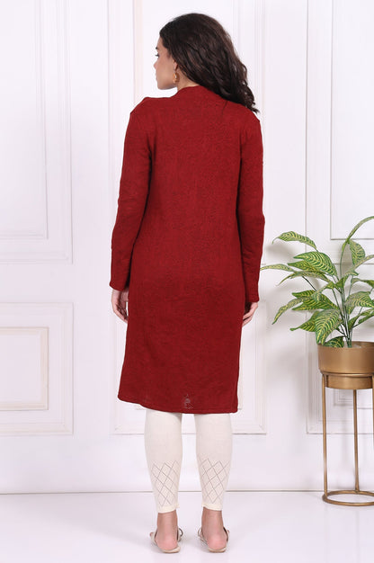 W for Woman Red Solid Straight Knitting Cardigan