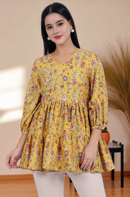 W for Woman Yellow Floral Printed Flared Tiered Top With Gathered Sleeves