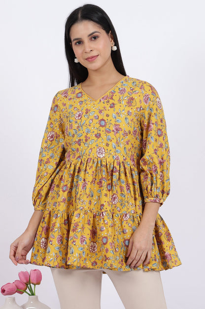 W for Woman Yellow Floral Printed Flared Tiered Top With Gathered Sleeves