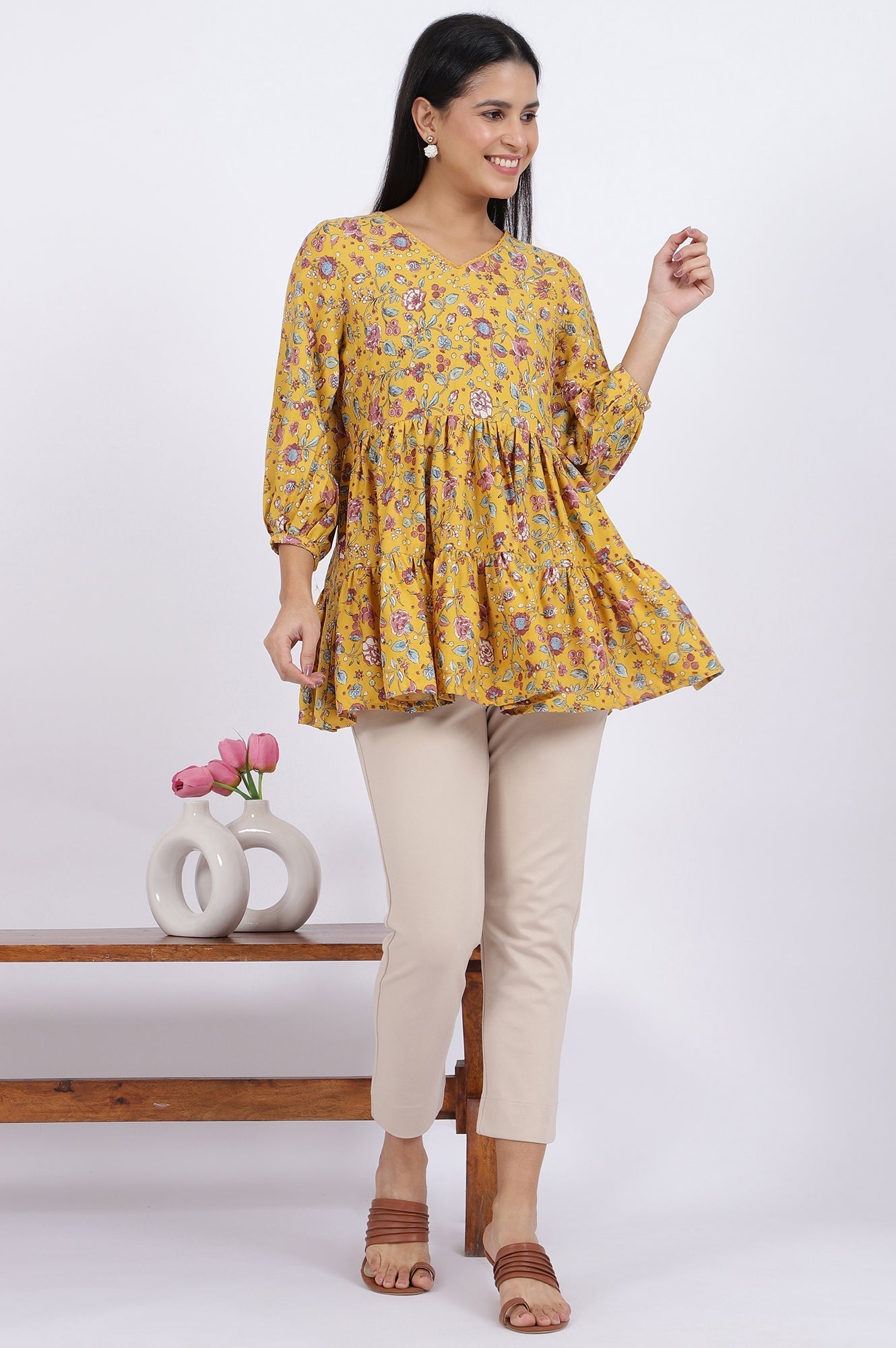 W for Woman Yellow Floral Printed Flared Tiered Top With Gathered Sleeves