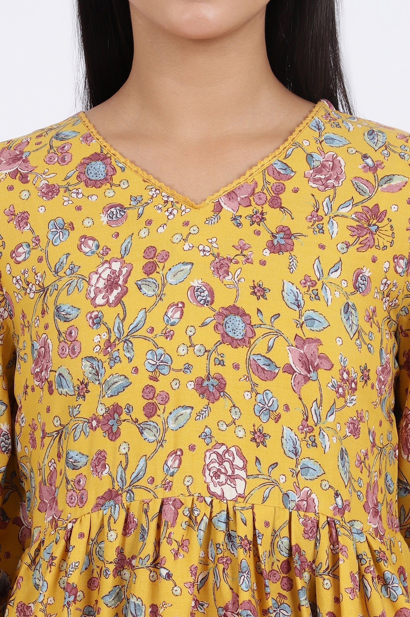 W for Woman Yellow Floral Printed Flared Tiered Top With Gathered Sleeves