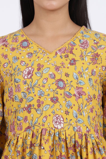 W for Woman Yellow Floral Printed Flared Tiered Top With Gathered Sleeves