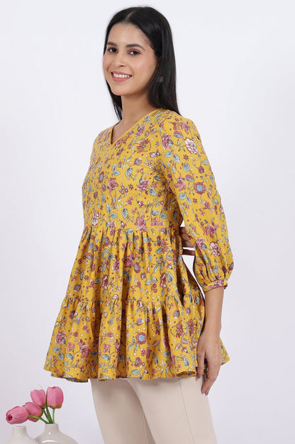 W for Woman Yellow Floral Printed Flared Tiered Top With Gathered Sleeves