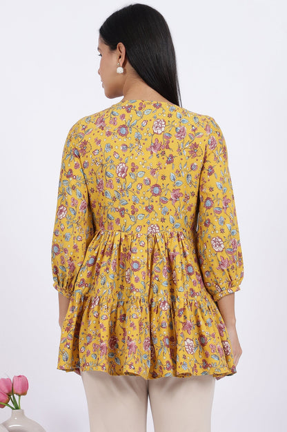 W for Woman Yellow Floral Printed Flared Tiered Top With Gathered Sleeves