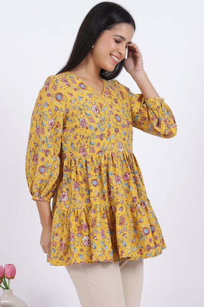 W for Woman Yellow Floral Printed Flared Tiered Top With Gathered Sleeves