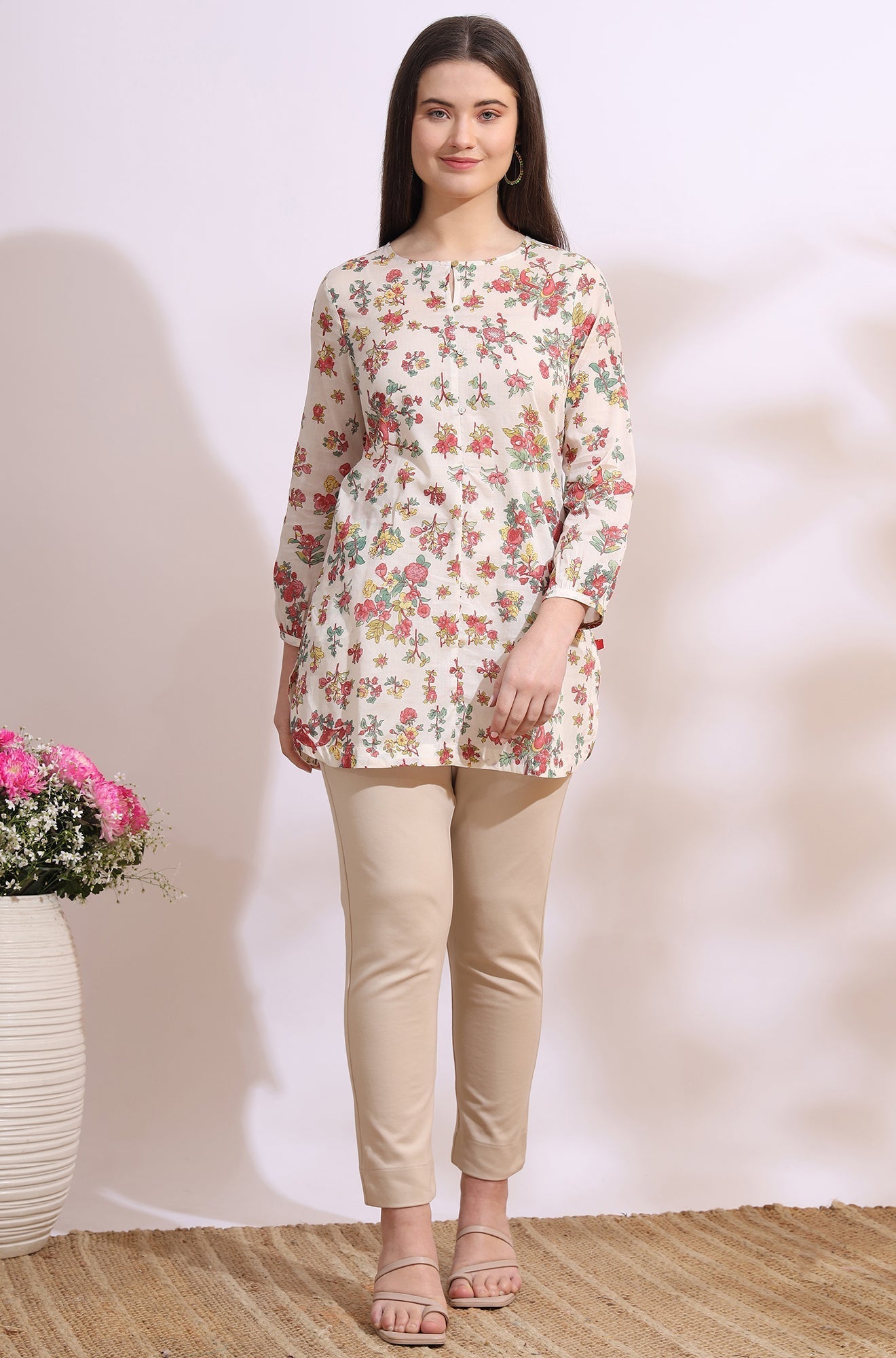 W for Woman White Floral Printed Summer Straight Tunic
