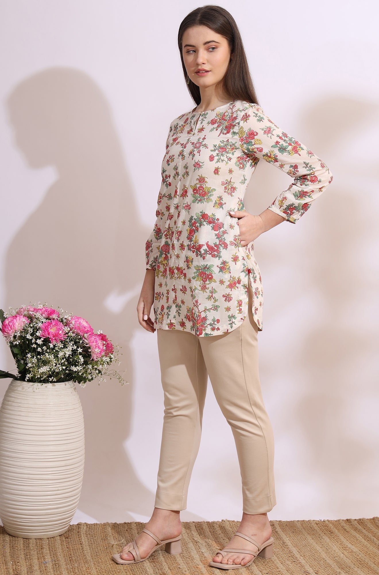 W for Woman White Floral Printed Summer Straight Tunic