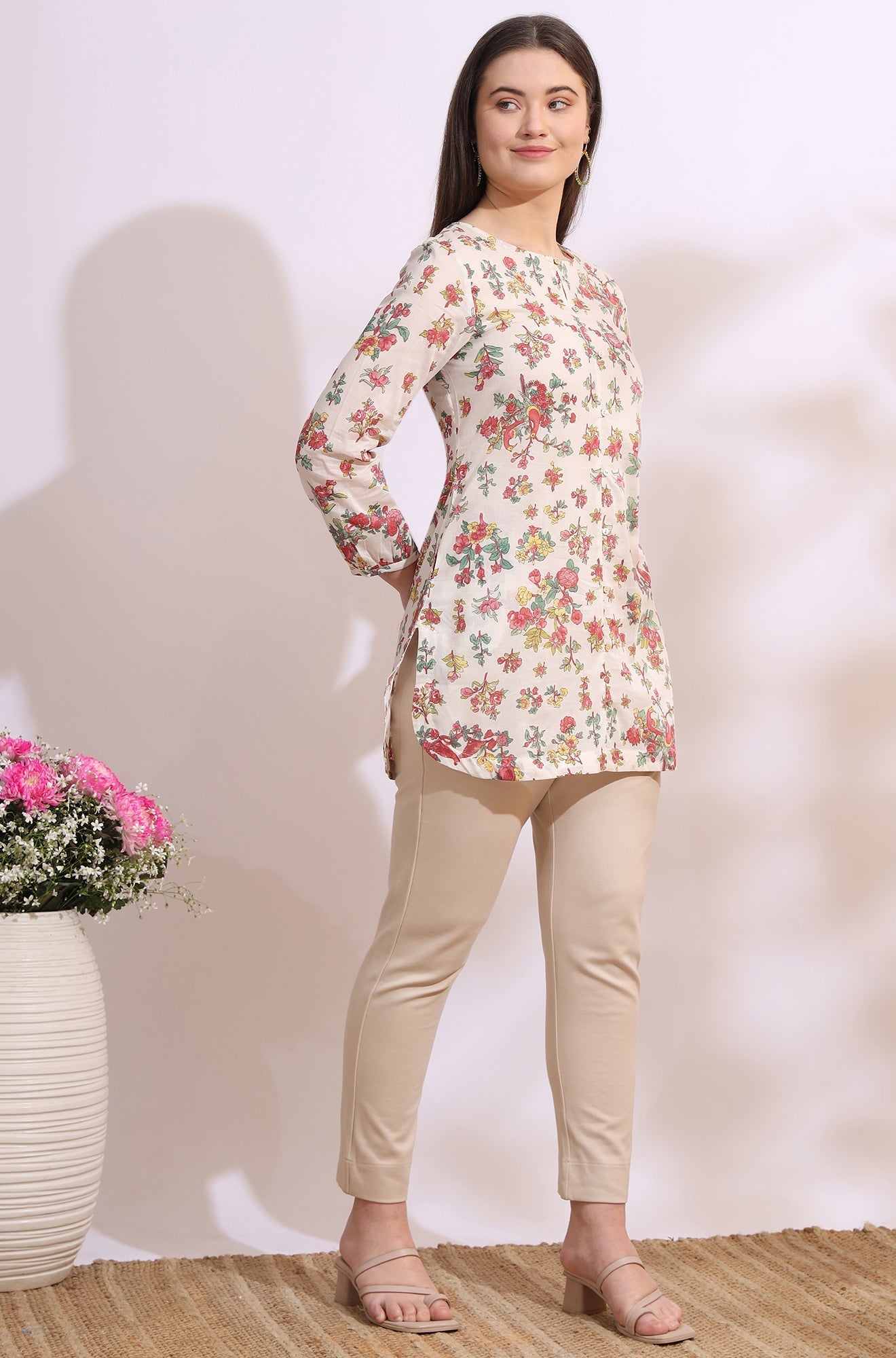 W for Woman White Floral Printed Summer Straight Tunic