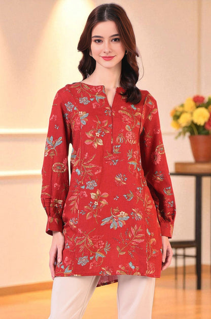 W for Woman Red Floral Printed Princess Panelled Ethnic Top