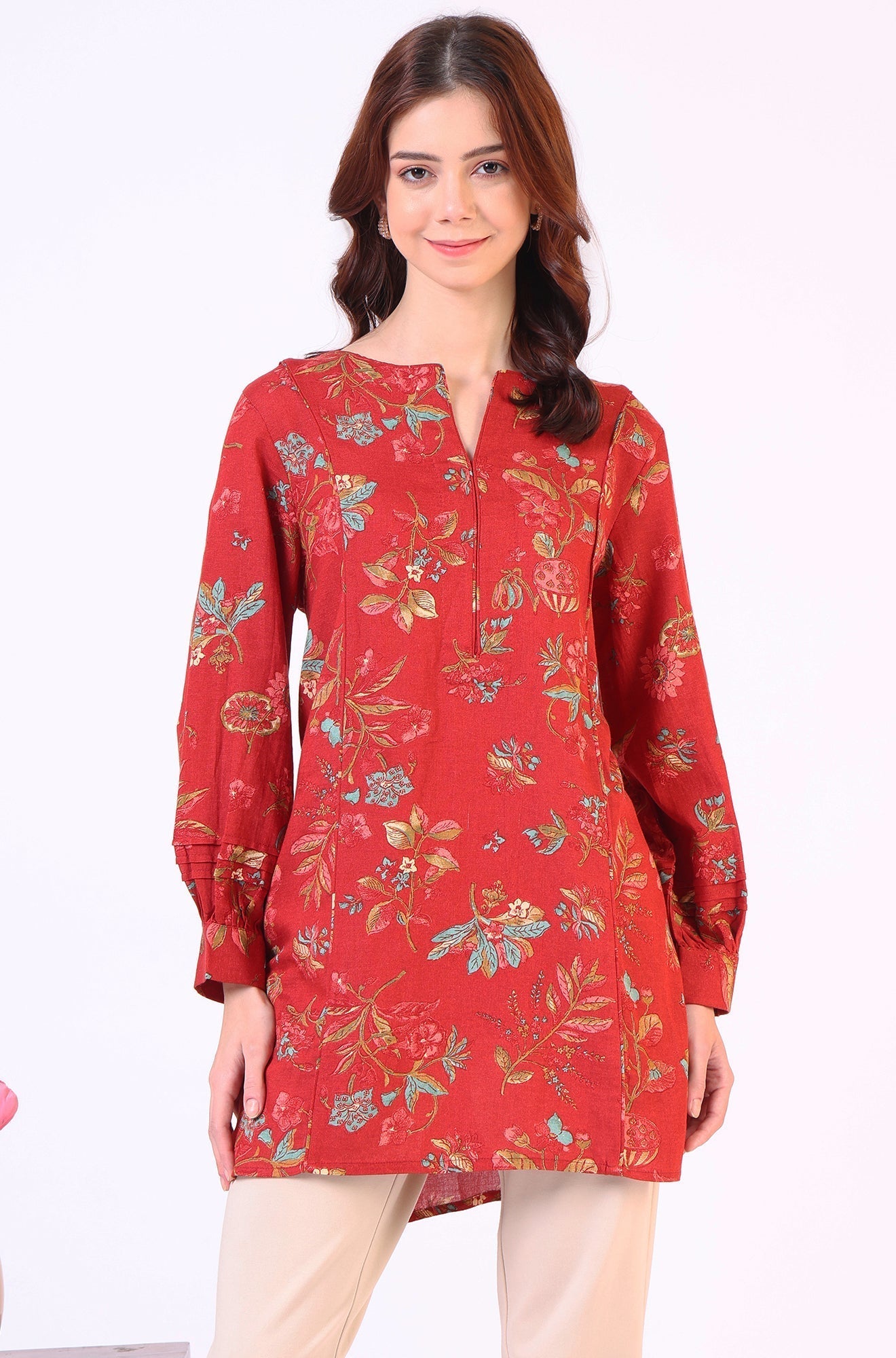 W for Woman Red Floral Printed Princess Panelled Ethnic Top