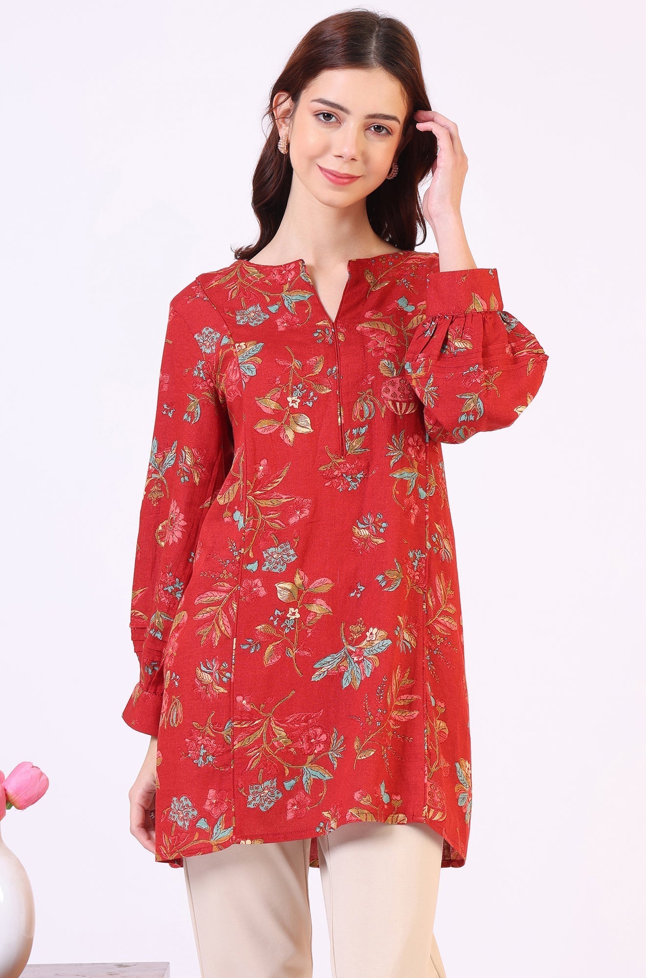 W for Woman Red Floral Printed Princess Panelled Ethnic Top