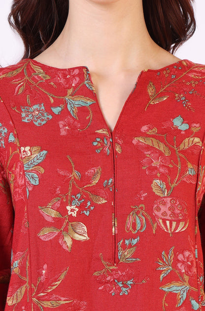 W for Woman Red Floral Printed Princess Panelled Ethnic Top