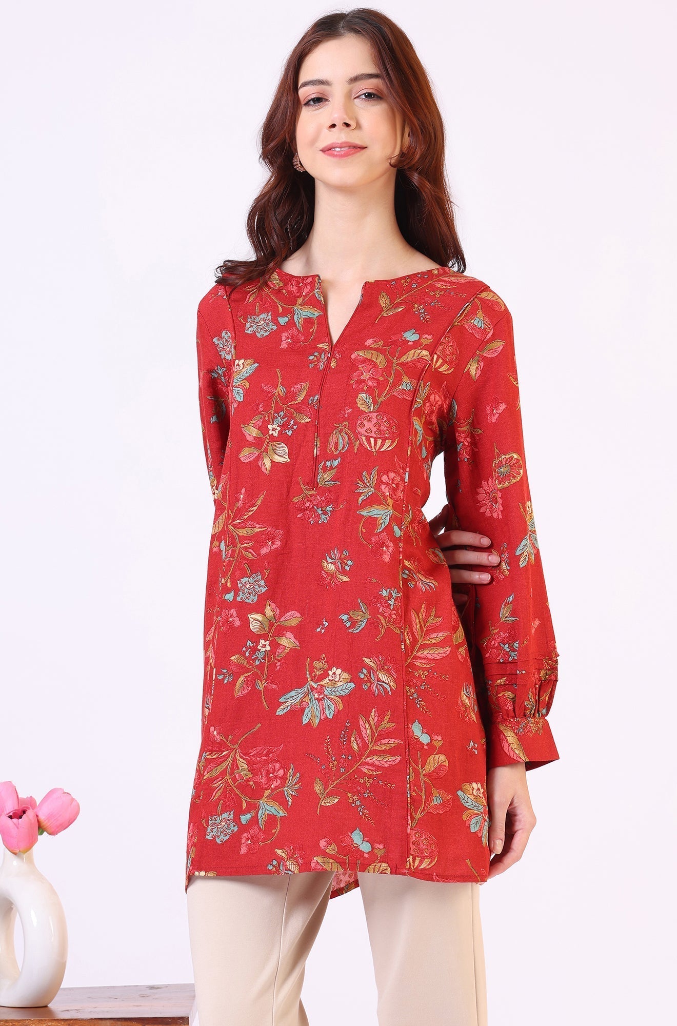 W for Woman Red Floral Printed Princess Panelled Ethnic Top