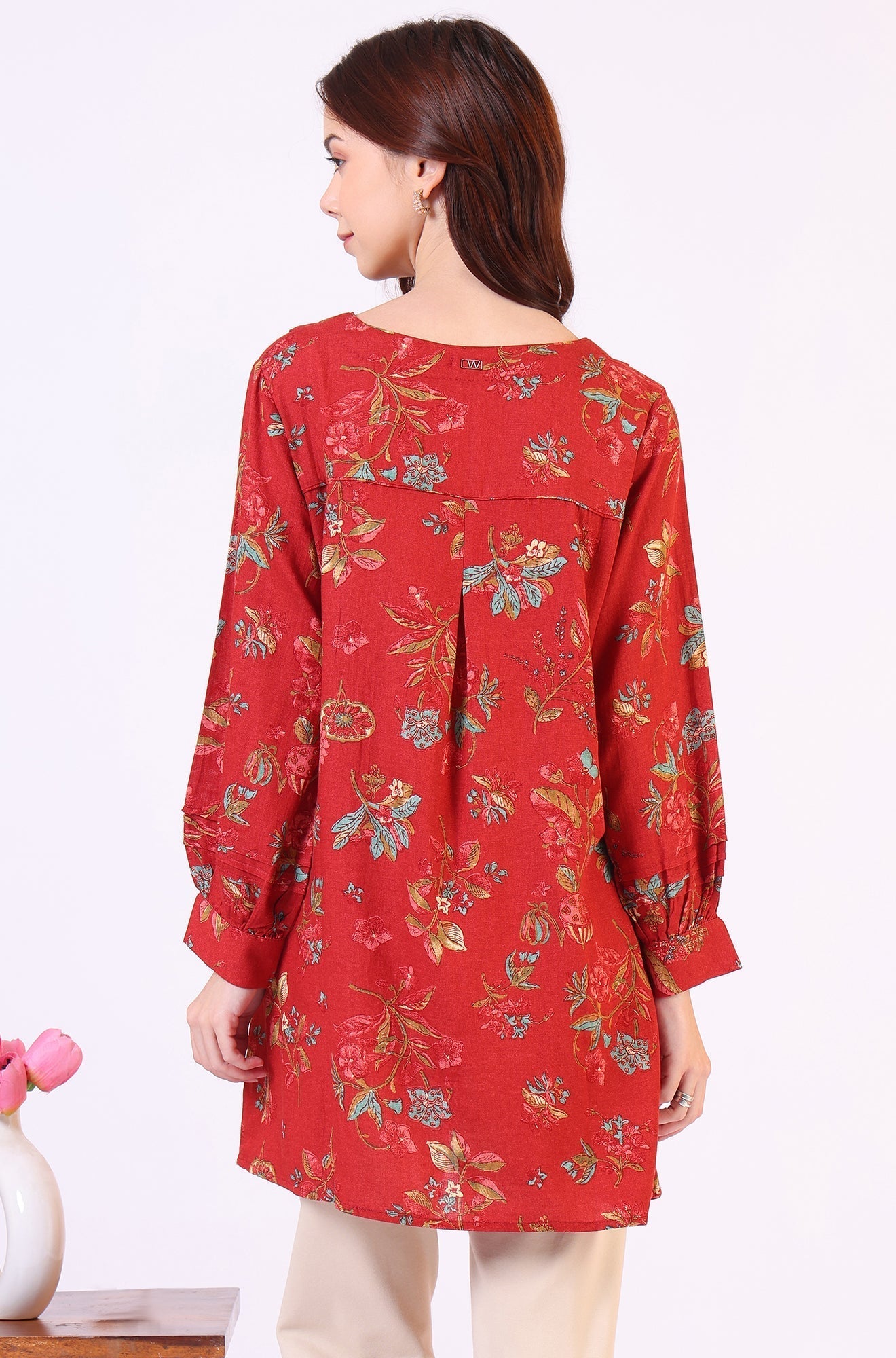 W for Woman Red Floral Printed Princess Panelled Ethnic Top