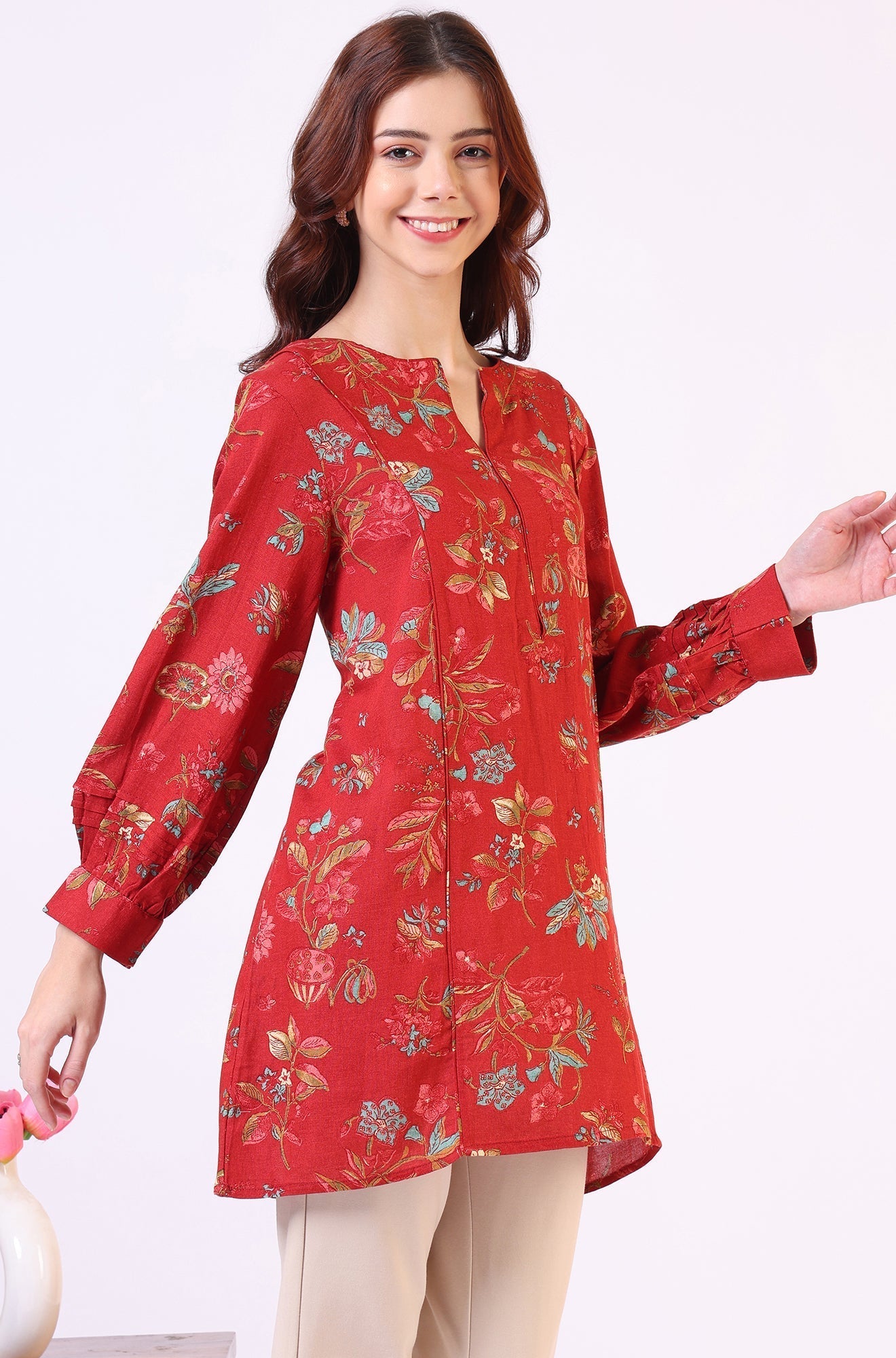 W for Woman Red Floral Printed Princess Panelled Ethnic Top