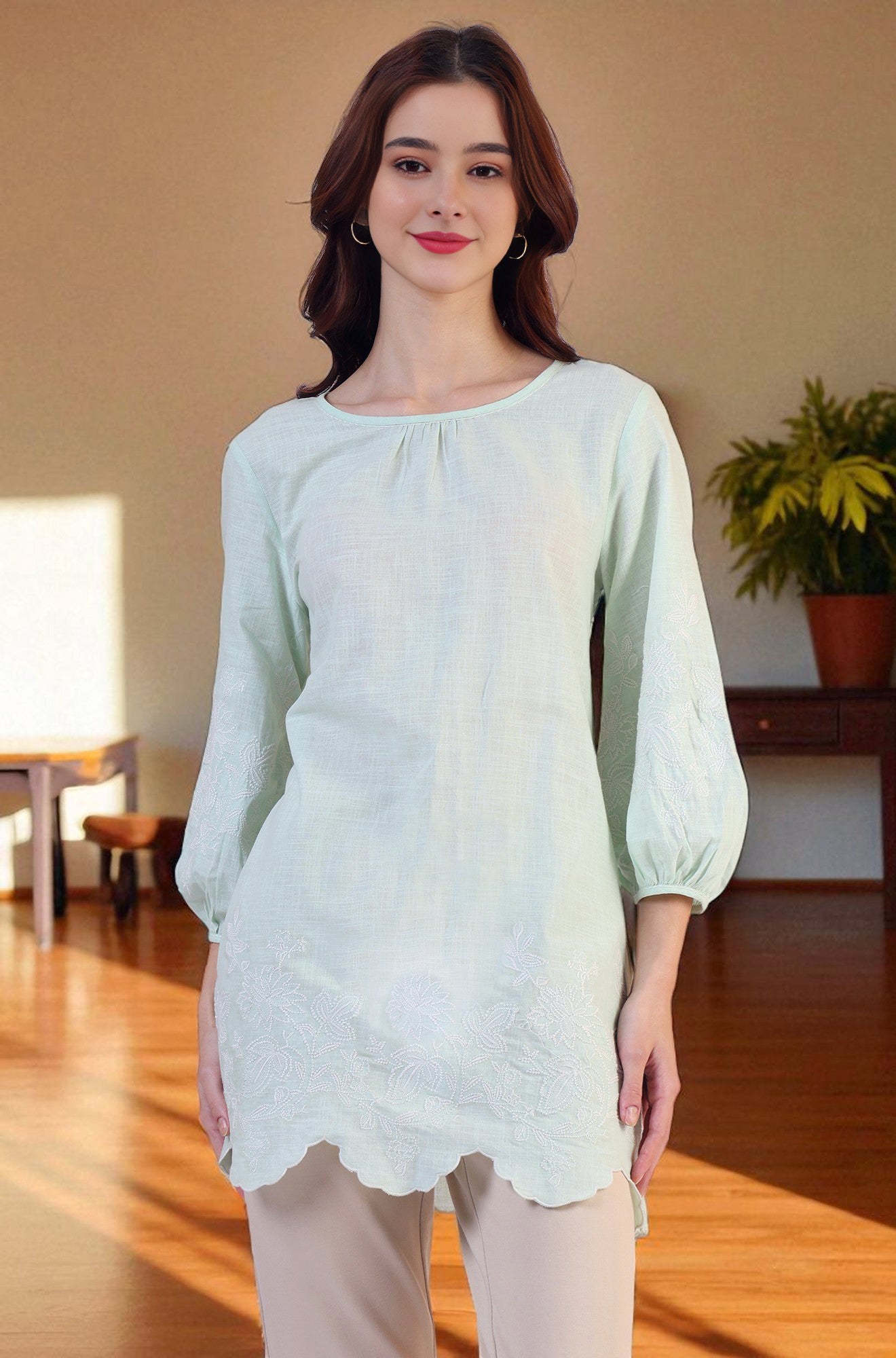 W for Woman Pastel Green Slub top with Hem And Sleeve Embroidered Scalloped Detail