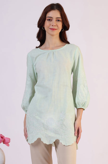 W for Woman Pastel Green Slub top with Hem And Sleeve Embroidered Scalloped Detail