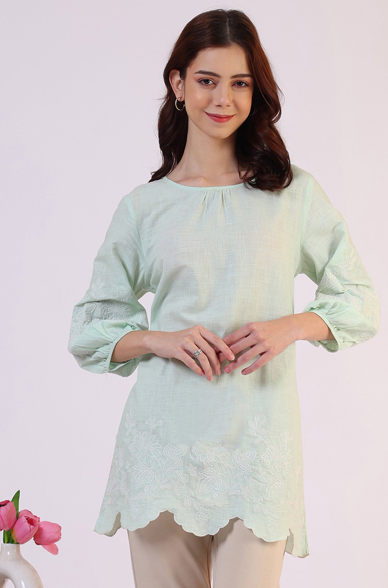 W for Woman Pastel Green Slub top with Hem And Sleeve Embroidered Scalloped Detail
