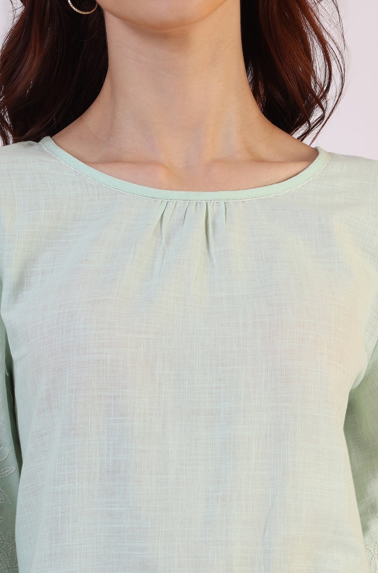 W for Woman Pastel Green Slub top with Hem And Sleeve Embroidered Scalloped Detail