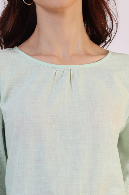 W for Woman Pastel Green Slub top with Hem And Sleeve Embroidered Scalloped Detail