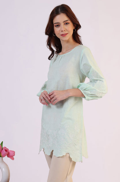 W for Woman Pastel Green Slub top with Hem And Sleeve Embroidered Scalloped Detail
