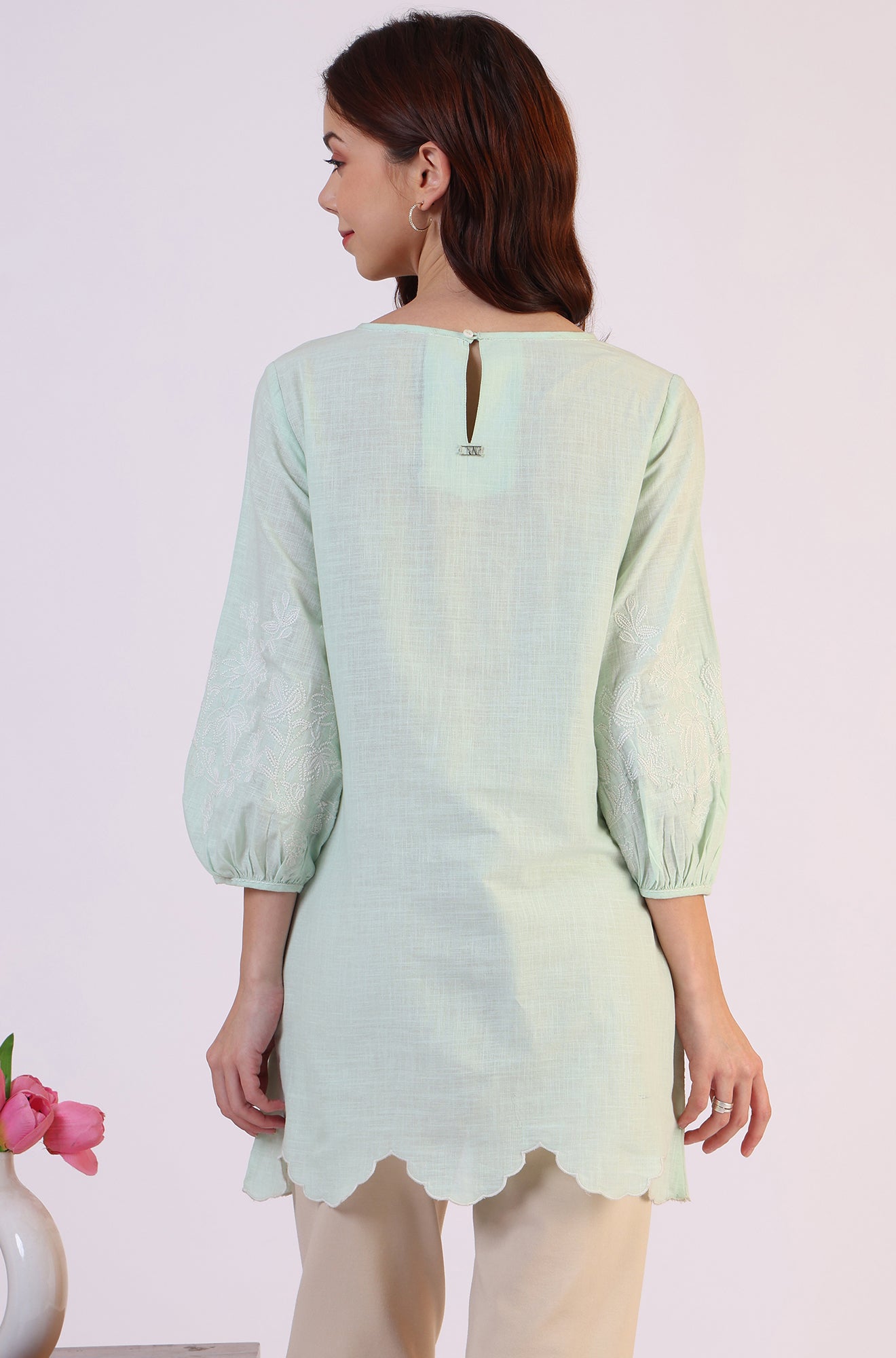 W for Woman Pastel Green Slub top with Hem And Sleeve Embroidered Scalloped Detail
