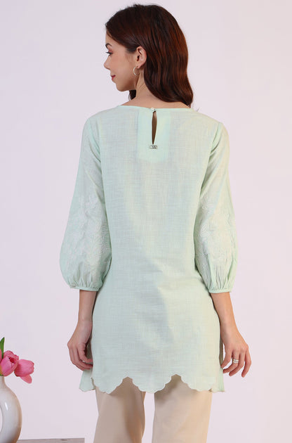 W for Woman Pastel Green Slub top with Hem And Sleeve Embroidered Scalloped Detail