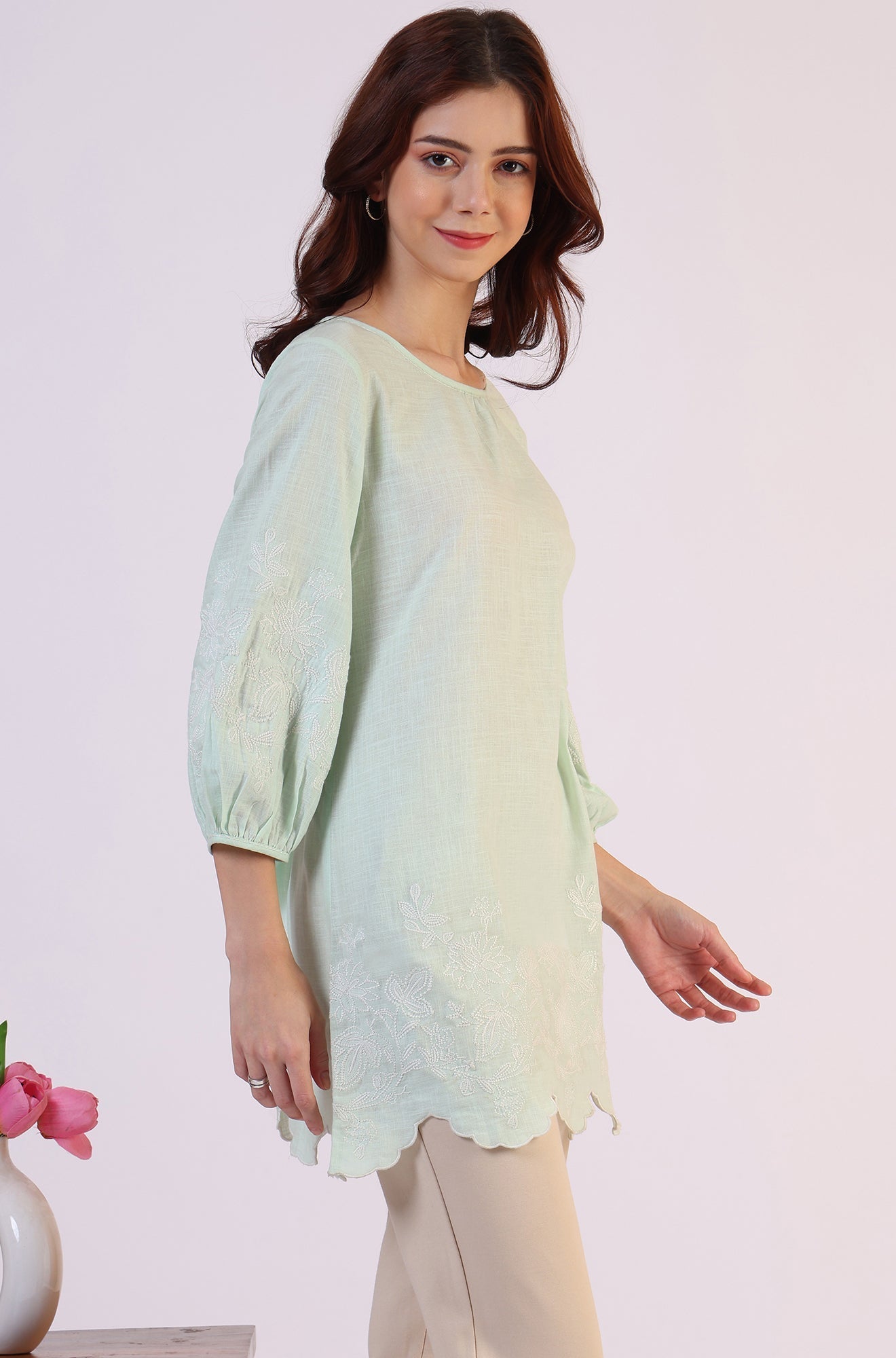 W for Woman Pastel Green Slub top with Hem And Sleeve Embroidered Scalloped Detail