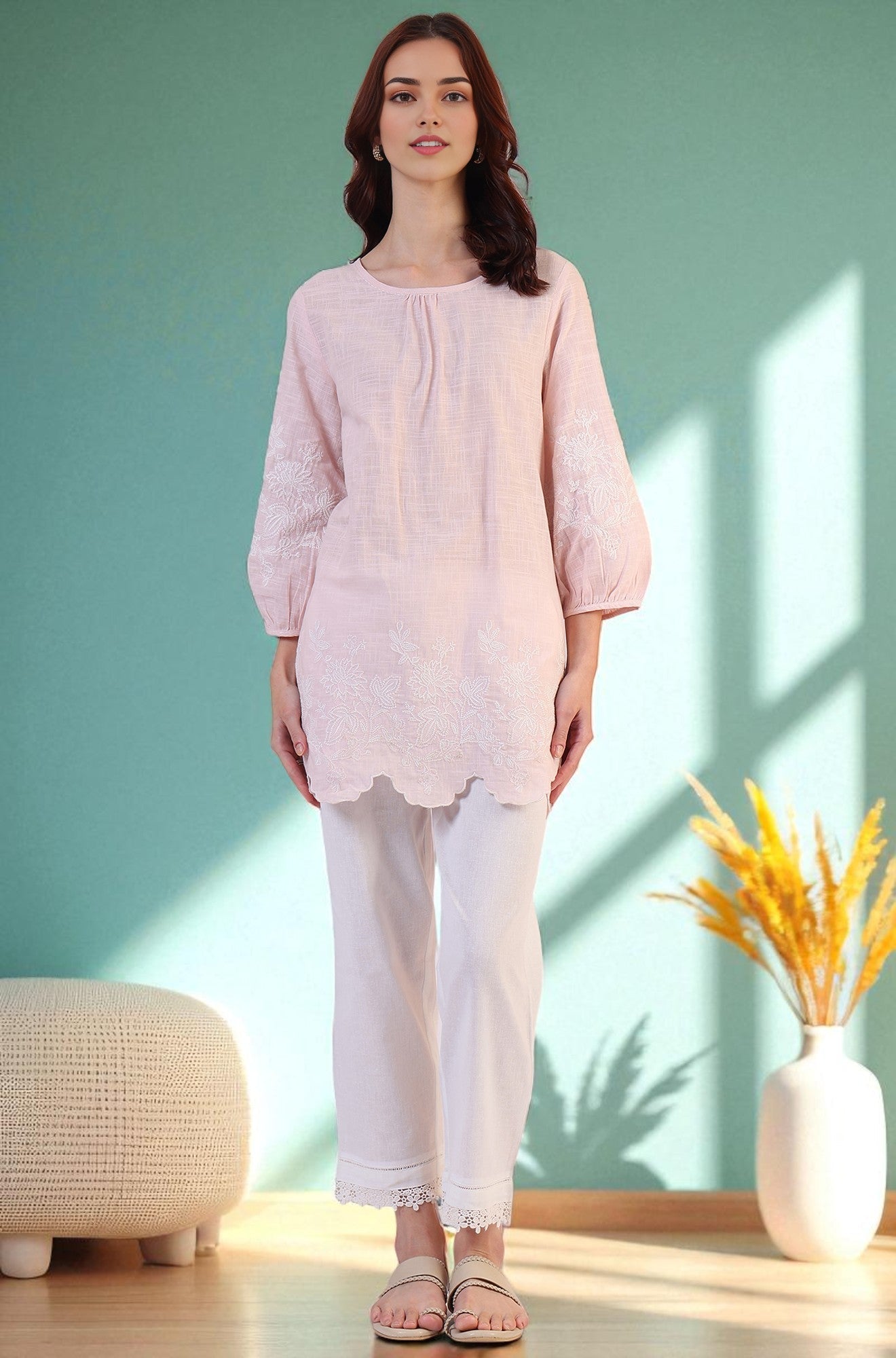 W for Woman Pink Embroidered Pure Cotton Scalloped Western Top