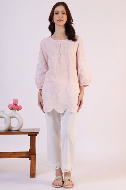 W for Woman Pink Embroidered Pure Cotton Scalloped Western Top