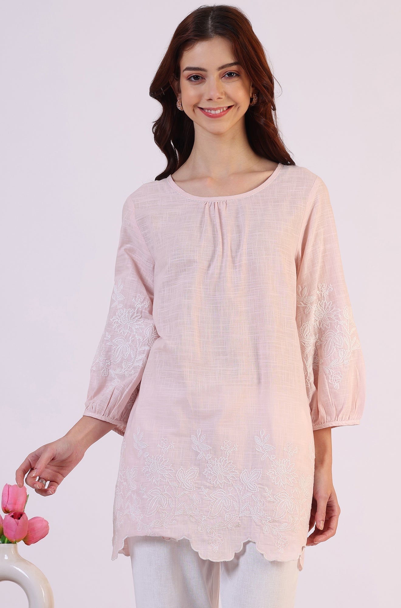 W for Woman Pink Embroidered Pure Cotton Scalloped Western Top