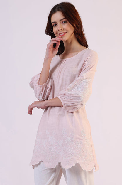 W for Woman Pink Embroidered Pure Cotton Scalloped Western Top