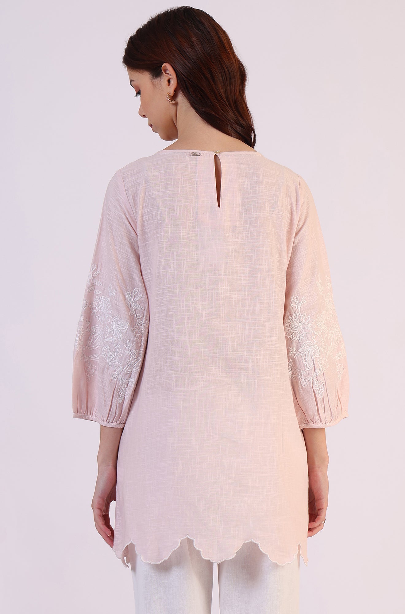 W for Woman Pink Embroidered Pure Cotton Scalloped Western Top