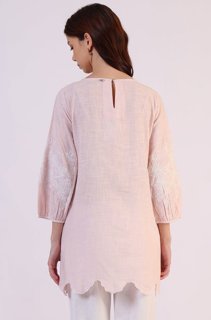 W for Woman Pink Embroidered Pure Cotton Scalloped Western Top
