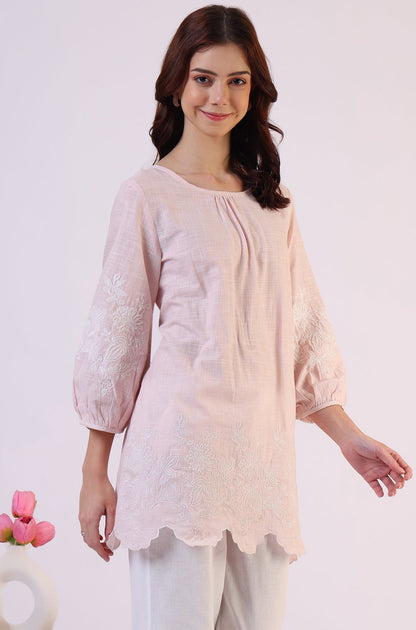 W for Woman Pink Embroidered Pure Cotton Scalloped Western Top