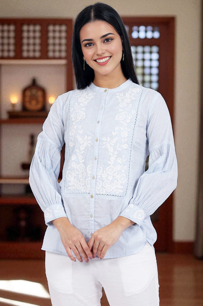 W for Woman Blue Embroidered Pure Cotton Straight Top