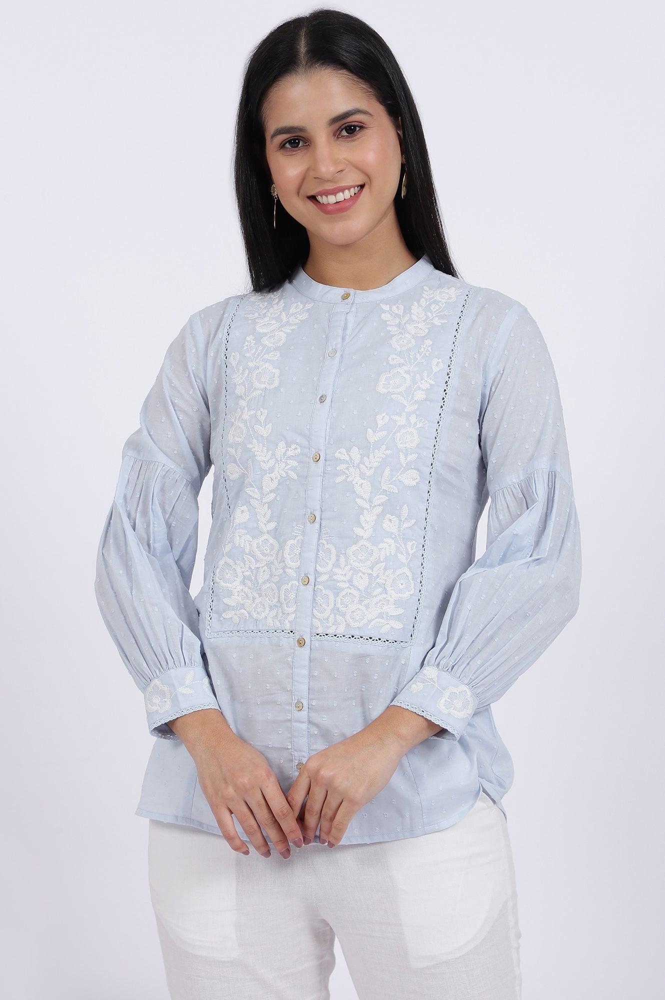 W for Woman Blue Embroidered Pure Cotton Straight Top