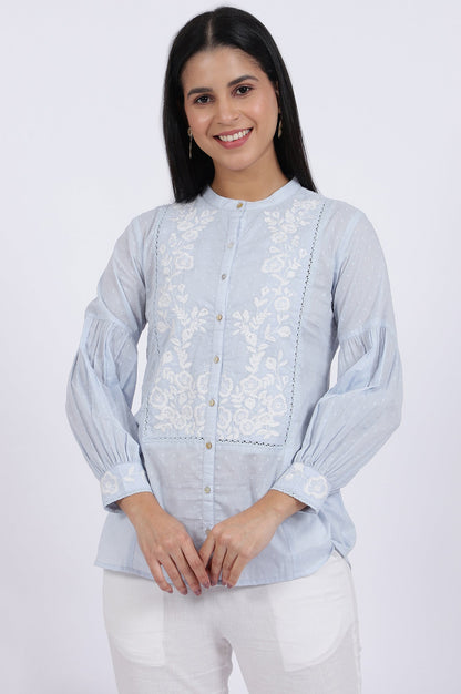W for Woman Blue Embroidered Pure Cotton Straight Top