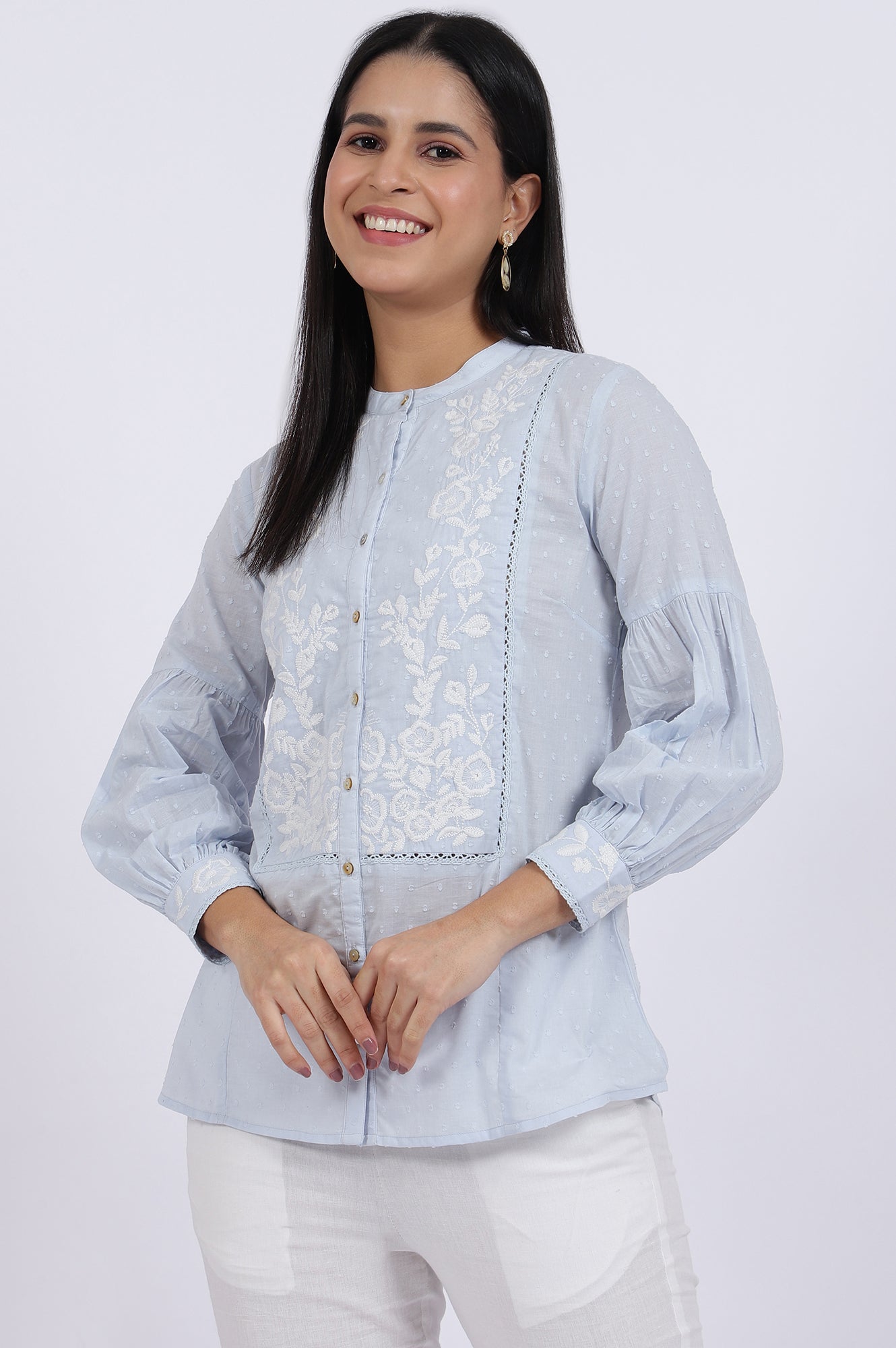 W for Woman Blue Embroidered Pure Cotton Straight Top