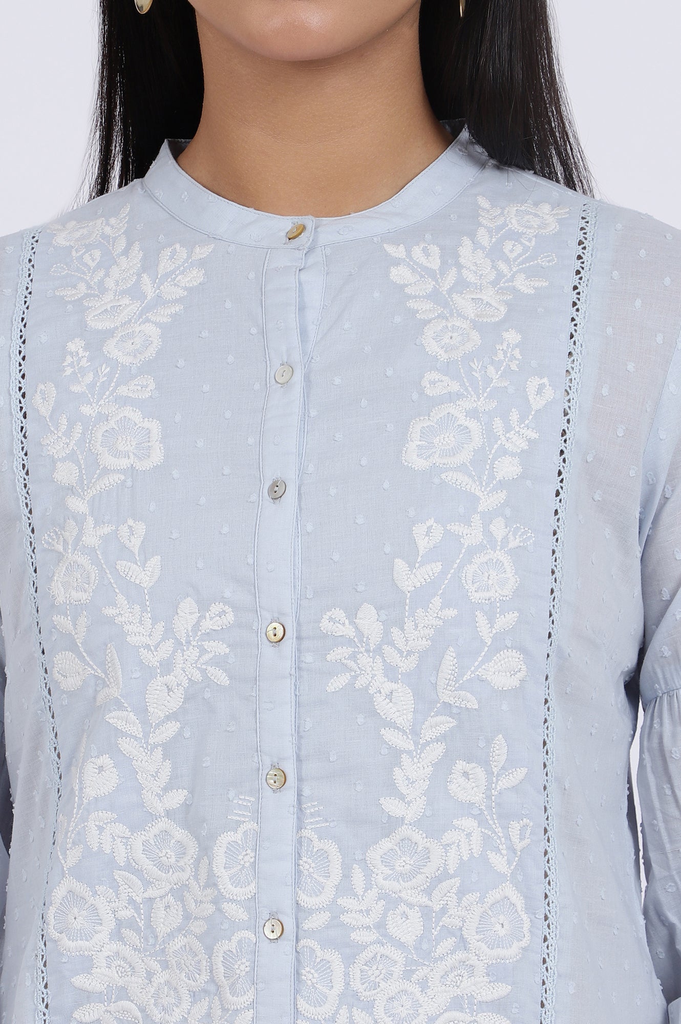 W for Woman Blue Embroidered Pure Cotton Straight Top
