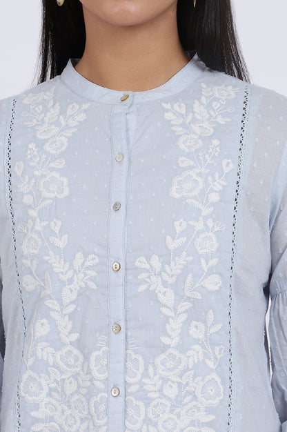 W for Woman Blue Embroidered Pure Cotton Straight Top